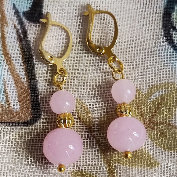 Rose Quartz Dual Round Gold Tone Pink Stone Pierced Earrings Feminine Delicate - Picture 2 of 8